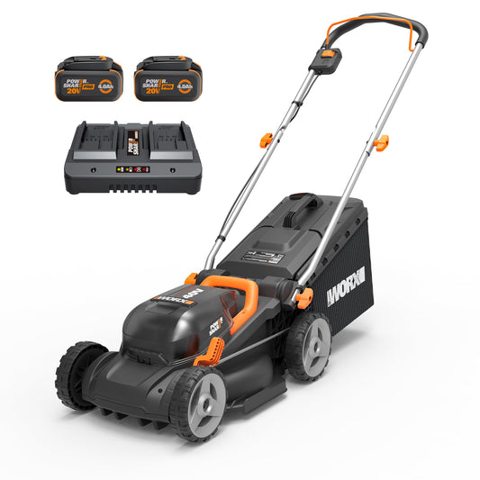 WORX Cordless Lawn Mower, 14" Electric Mower with Brushless Motor, Lightweight Push Lawn Mower with 6-Position Height Adjustment for Small Yards, 2 Batteries & Charger Included, WG735