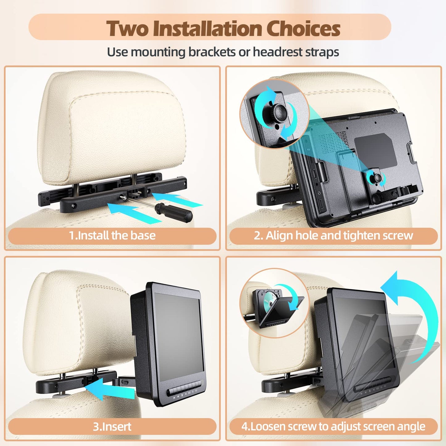 DESOBRY 10" Dual Portable DVD Player for Car, Car DVD Player Dual Screen with 1080P HD Screen, Headrest Travel System with HDMI Input, AV Out with Mount Brackets and Straps