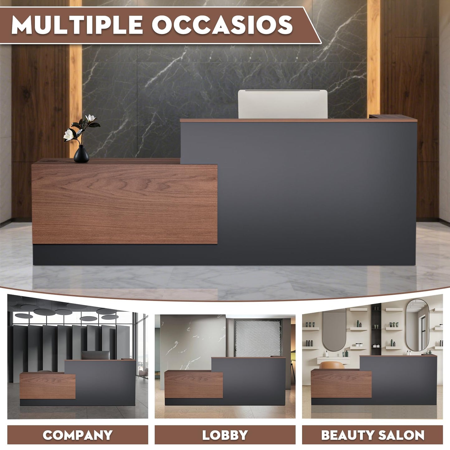 L-Shaped Large Wooden Reception Desk, Modern Front Desk Reception Counter with Lockable Drawers & Storage & Keyboard Tray, for Checkout, Lobby (Right-Walnut/Gray 87''L x 42''W x 41''H)