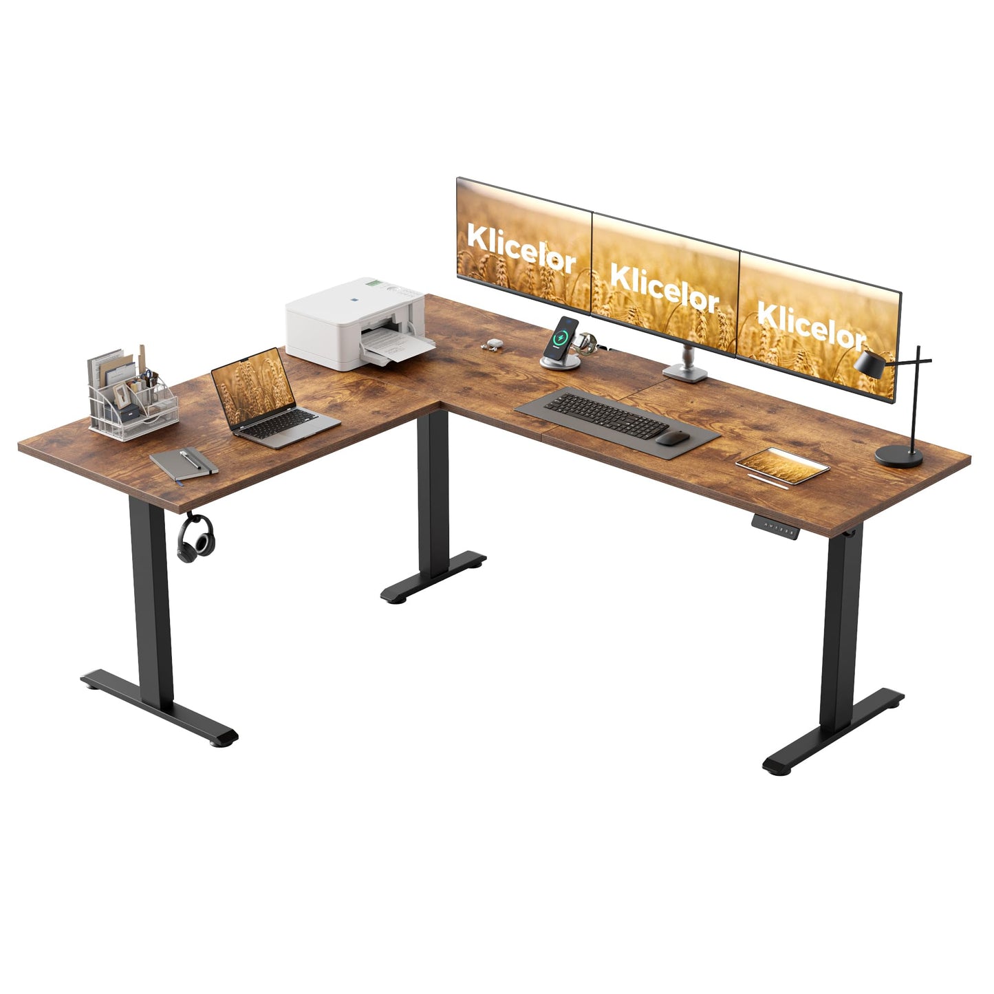Klicelor L Shaped Standing Desk 73 x 60 Inch, Electric Height Adjustable Corner Desk for Home Office Workstation, Ergonomic Sit Stand Computer Table with Memory Controller, Rustic Brown