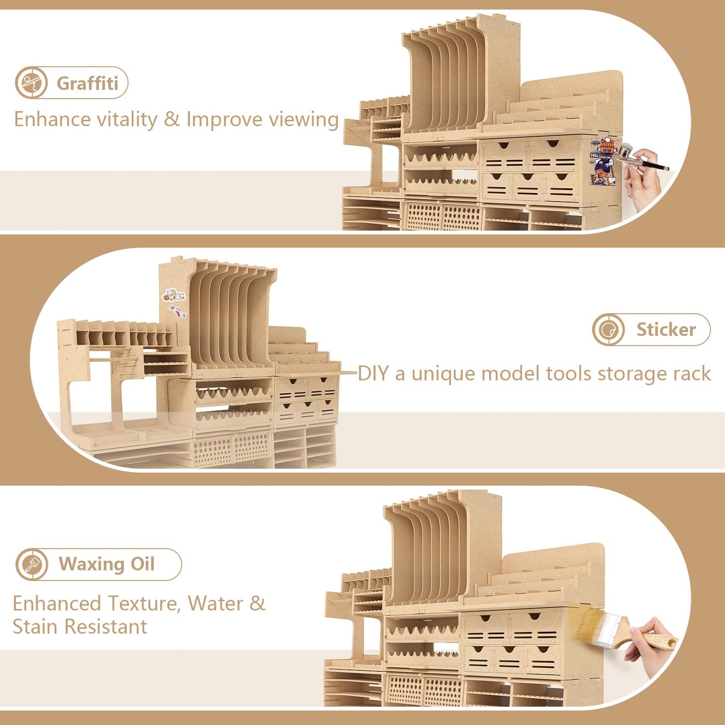 Bucasso Wooden Model Kit Tool Organizer Storage Rack, Paint Rack Organizer with MDF Material, Brush/Screwdriver Storage, Craft Supplies Storage, Suitable for Tamiya Gundam Model Tools, GK10