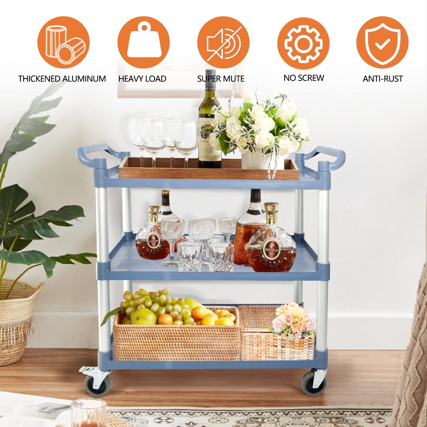 Utility Carts with Wheels Large Size Rolling Cart with Wheels Heavy Duty 600 LBS Food Cart with Lockable Wheels and Hammer for Kitchen/Office/Warehouse, 39.5" D x 19.3" W x 39.5" H(Grey Large Size)