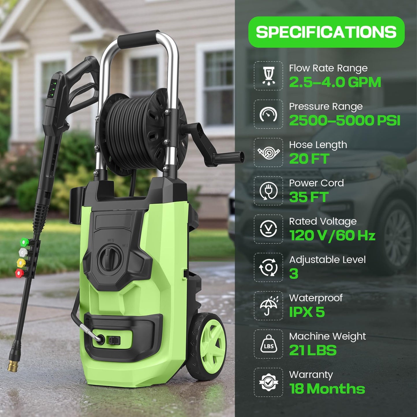 Imdot 2026 New Pressure Washer 5000 PSI with 3 Levels Adjustable Pressure Gun, Portable Pull-Handle, 4 Nozzles and Foam Cannon, Heavy Duty Power Washer for Home/Car/Fence/Garden, Green