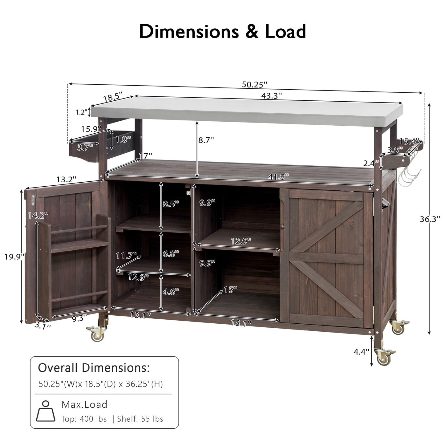 Trygoal Outdoor Grill Cart with Storage, Rolling Bar Cart and Lockable Wheels, Farmhouse Solid Wood Outdoor Grill Table with Stainless Steel Top, Spice Rack, Towel Rack for Kitchen and BBQ, Dark Brown