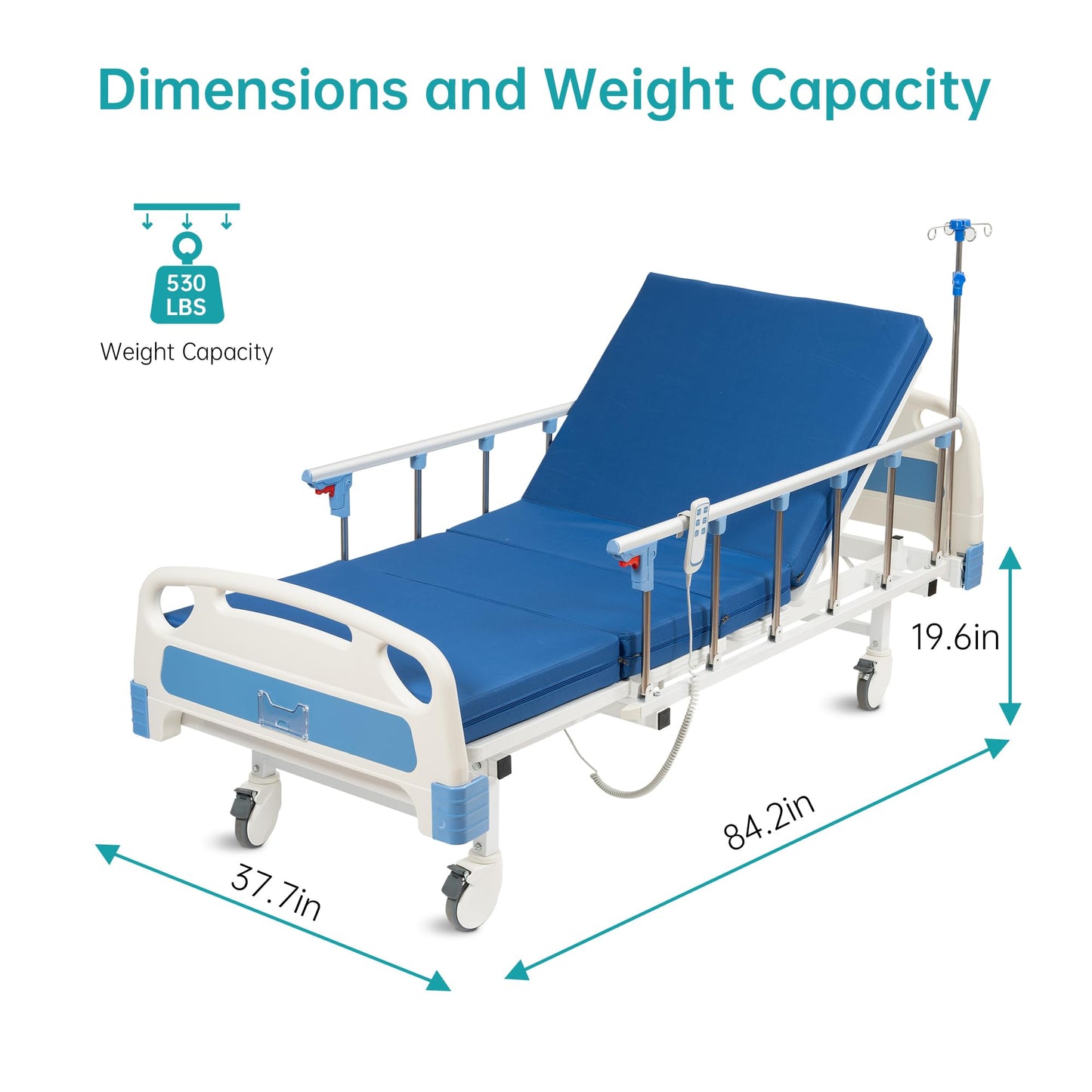 ELENKER Full Electric Hospital Bed for Home Use, ICU Medical Bed, Premium 2 Function Hospital ICU Bed with Remote Control, Quiet Wheels, IV Pole, Mattress, 5-Inch Lockable Casters