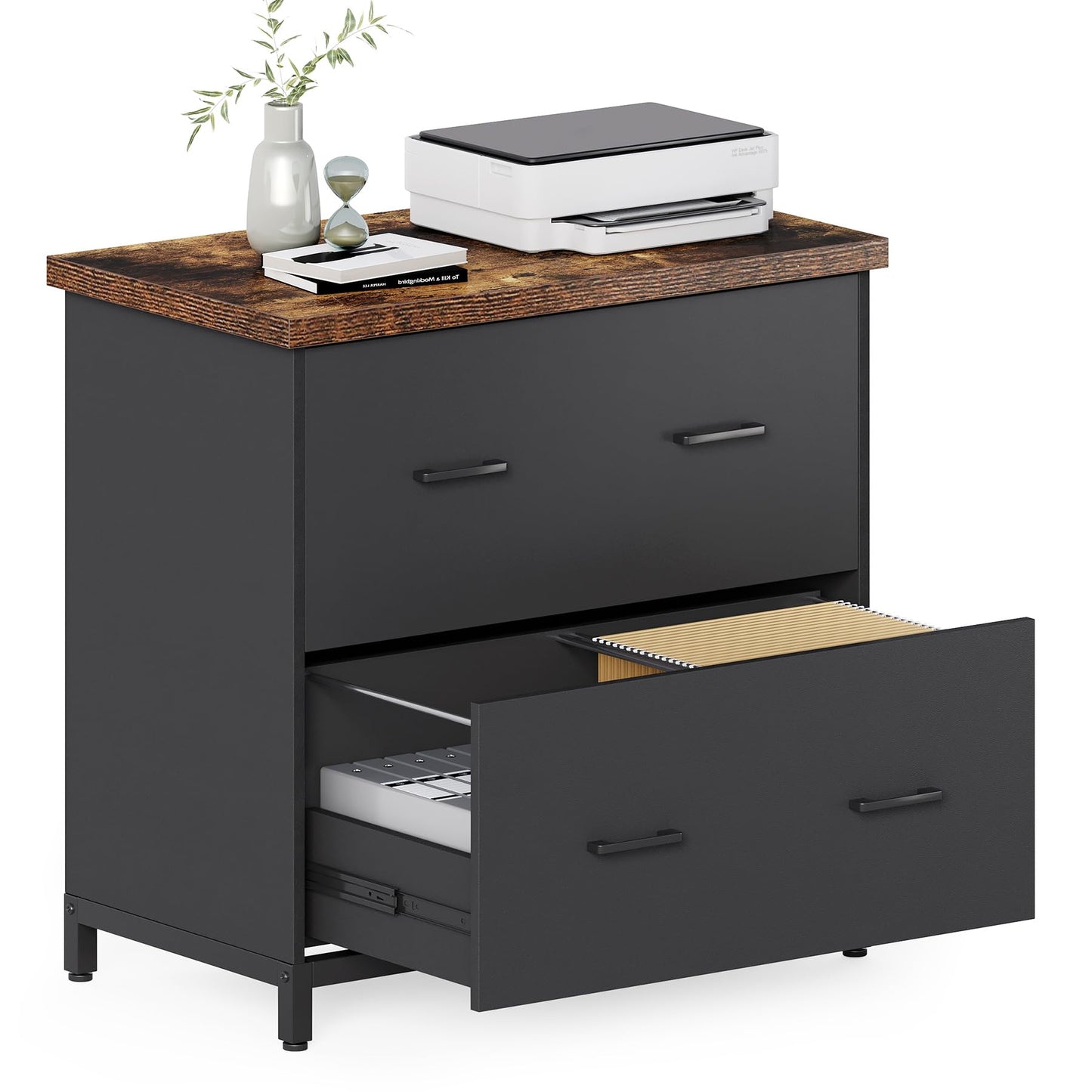 File Cabinet with Drawers, 30.7-Inch Lateral Cabinet under Desk for A4 and Letter Size Documents, Printer Stand, Filling Cabinet Under Desk Storage Organizer for Home Office, Brown & Black