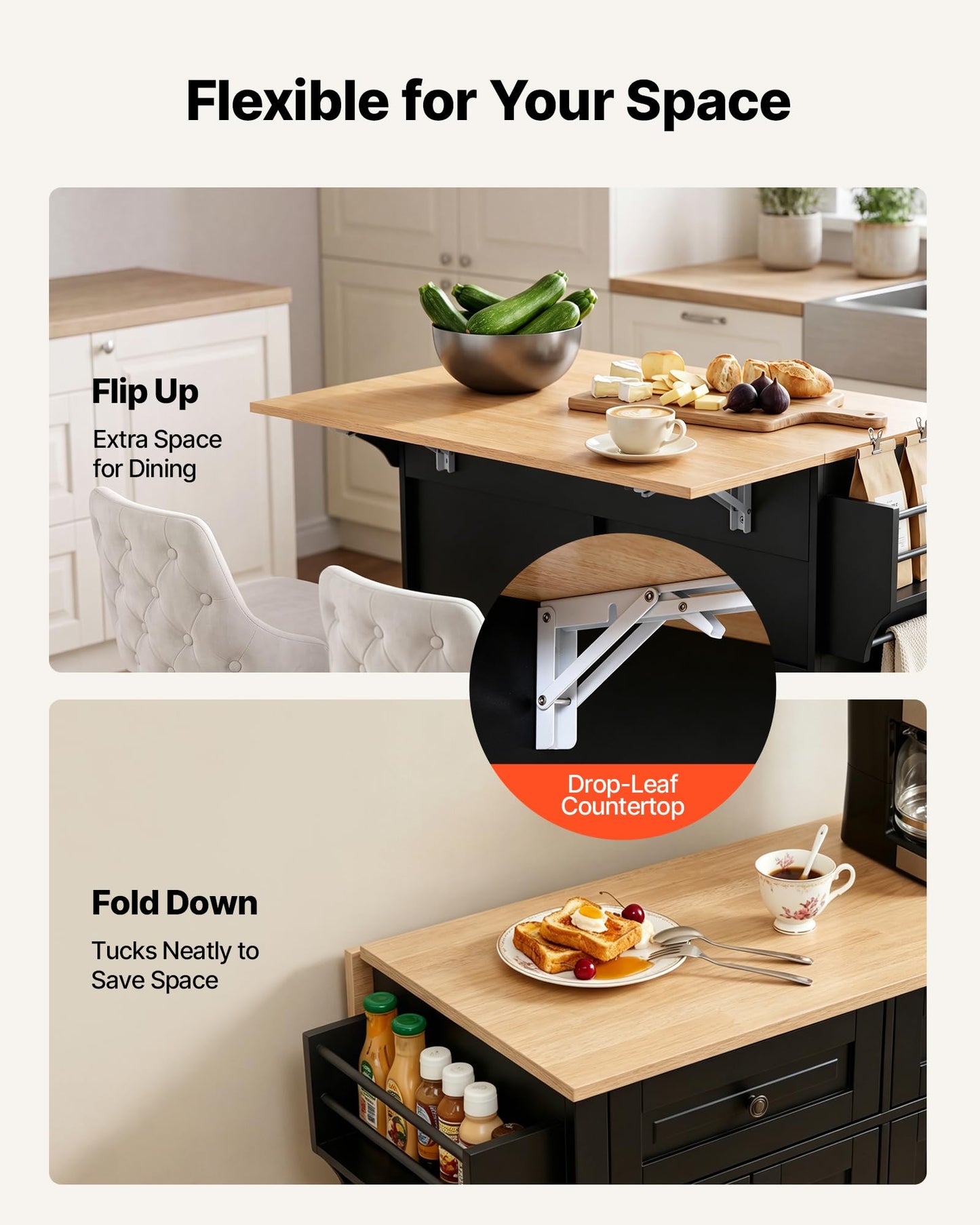 VEVOR Kitchen Island Cart with Storage, 43.58 in Wide Mobile Rolling Storage Island on Swivel Wheels, with 2 Drawers, Storage Cabinet, Drop Leaf, Spice/Towel Rack, Table for Home Dining Room, Black