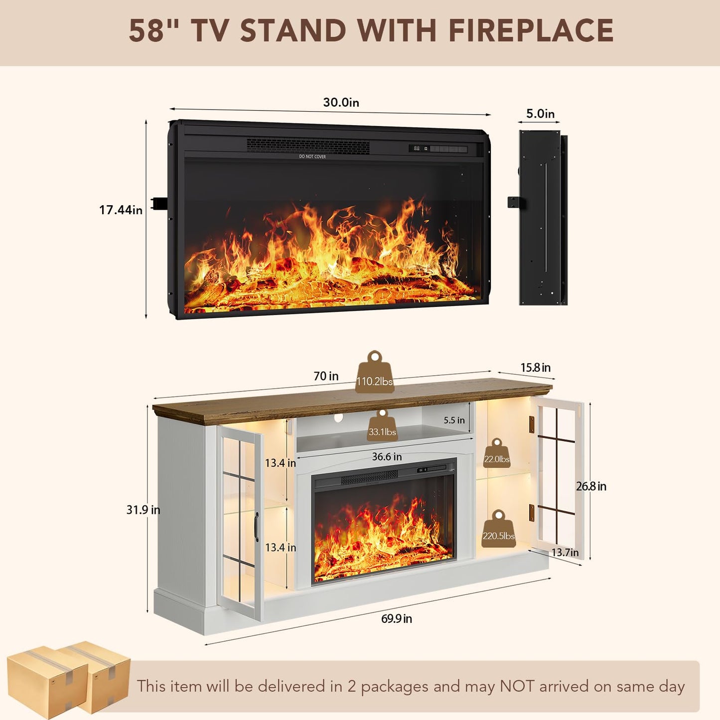 MXV 70" Farmhouse Fireplace TV Stand with 30" Electric Fireplace, Entertainment Center, Media Console Table with Large Storage Cabinets, for Living Room, White