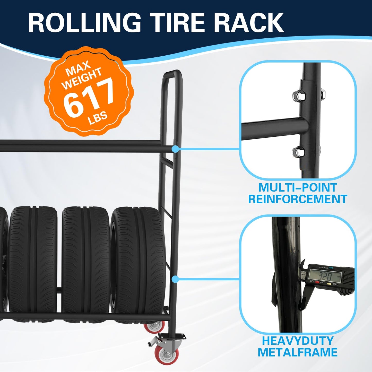 TONGMO Tire Storage Rack with Protective Cover - Adjustable Metal Tire Rack for Indoor/Outdoor Use - 58" H x 55.5" W x 17.5" D (55in)
