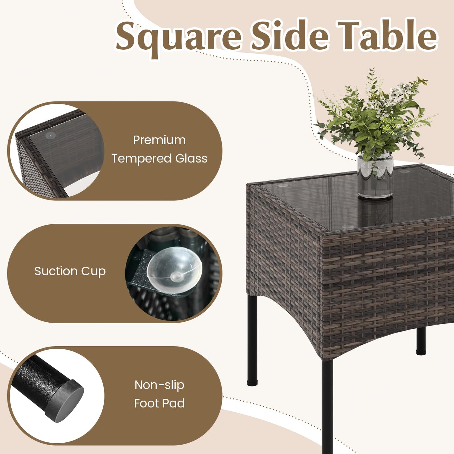 Tangkula 3 Pieces Patio Wicker Furniture Set, Outdoor Conversation Bistro Set with Cushioned Chairs and Tempered Glass Coffee Table, Modern Rattan Chair Set for Porch, Balcony, Lawn (Mix Brown-Beige)