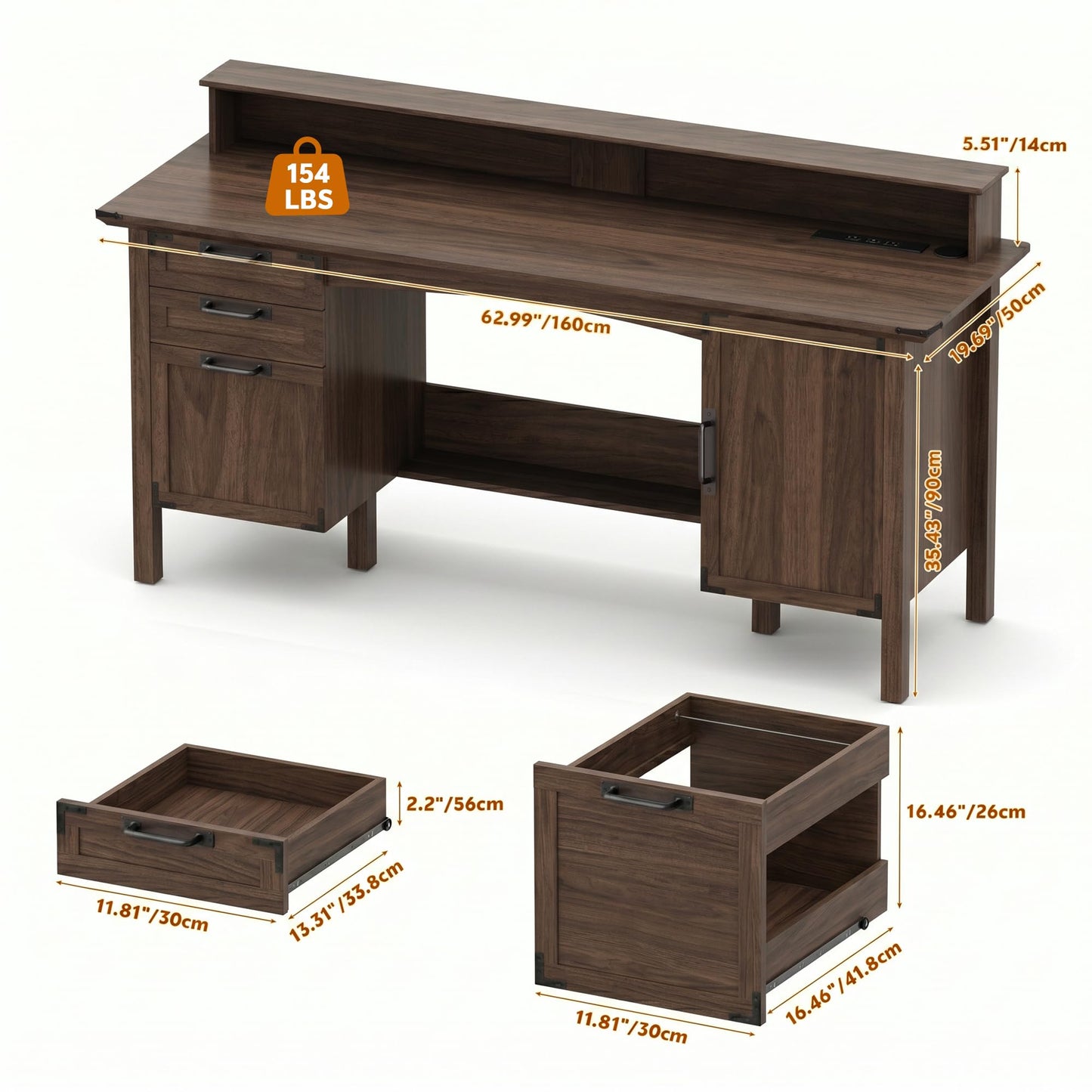 Homiflex Farmhouse Office Desk with Power Outlet & Monitor Stand, 63'' Home Computer Desk with 2 Drawers, File Cabinet, Storage Cabinet, Executive Desk for Work, Study, Writing, Gaming, Walnut