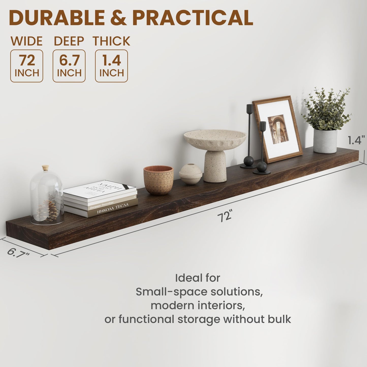 72 Inch Floating Shelves for Wall 1 Pack Shelves for Bedroom, Bathroom, Kitchen, Wall Mounted Rustic Solid Elm Wood Floating Shelf with Invisible Bracket for Books, Decor, Storage, Walnut