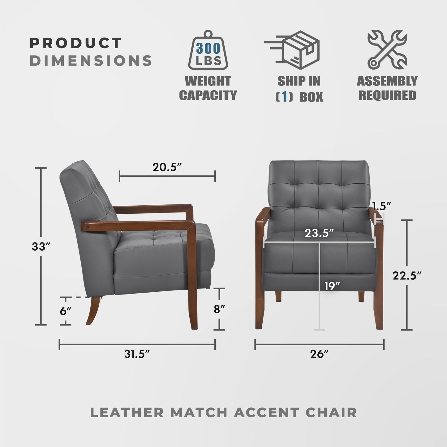 Lexicon Modern Accent Chair, Luxury Genuine Leather Match Living Room Chair with Tufted Cushions, Solid Wood Frame and Arm Rest, Comfy Upholstered Single Seat for Bedroom/Reading/Office, Dark Gray