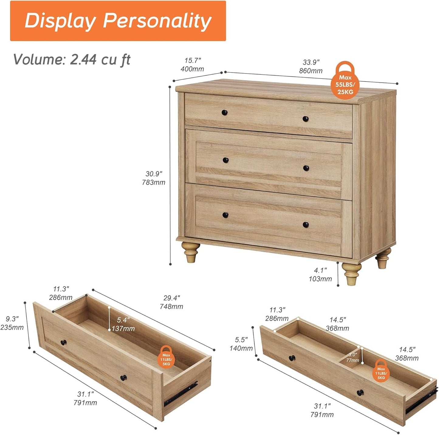 WAMPAT Dresser for Bedroom with 3 Drawers, Oak Kids Dressers with Wide Chest of Drawers, Mid Century Modern Wooden Closet Storage Organizer, Small Dressers for Nursery, Hallway, Living Room