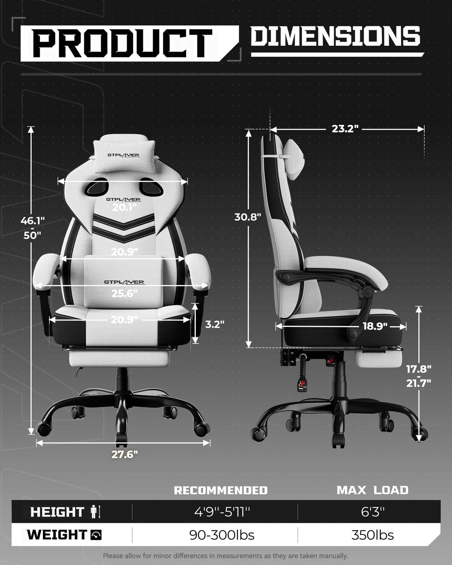 GTPLAYER Gaming Chair, Computer Chair with Footrest and Lumbar Support for Adults, 360°-Swivel Big & Tall Reclining Seat for Office or Gaming (White)