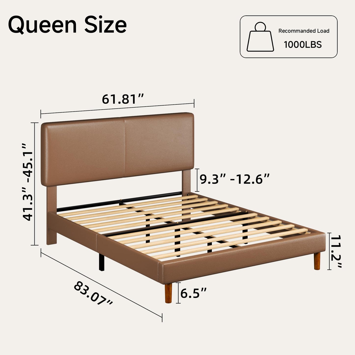 Lcwtvgxr Queen Upholstered Platform Bed Frame with Headboard, Faux Leather Modern Bed Frame with Wood Slat Support, No Box Spring Needed, Easy Assembly, Brown