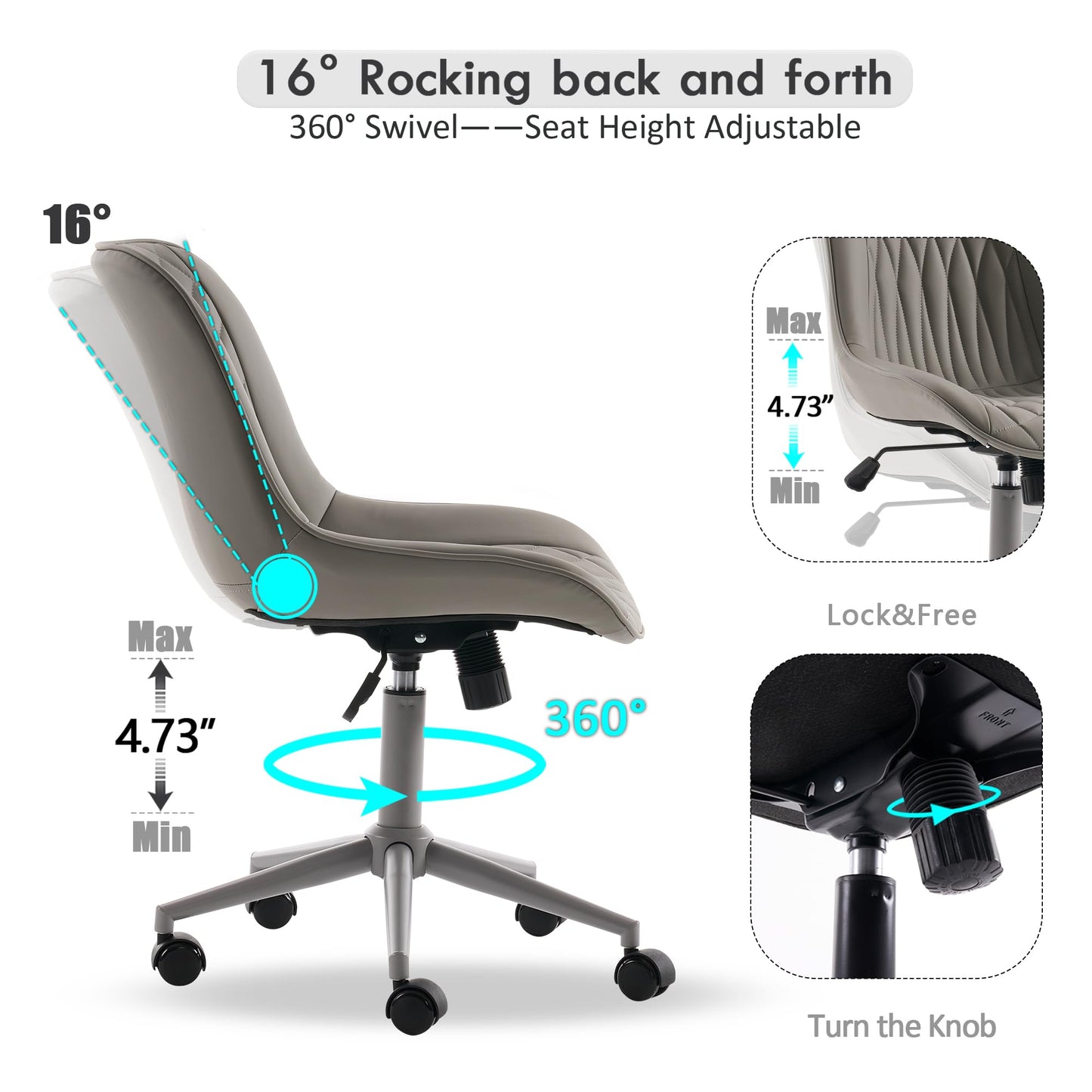 YOUNIKE Grey Faux Leather Ergonomic Office Chair Armless Comfy Desk Chair with Rocking Back Cute Swivel Vanity Chair with Wheels Height Adjustable Small Computer Task Chair for Sewing Drafting