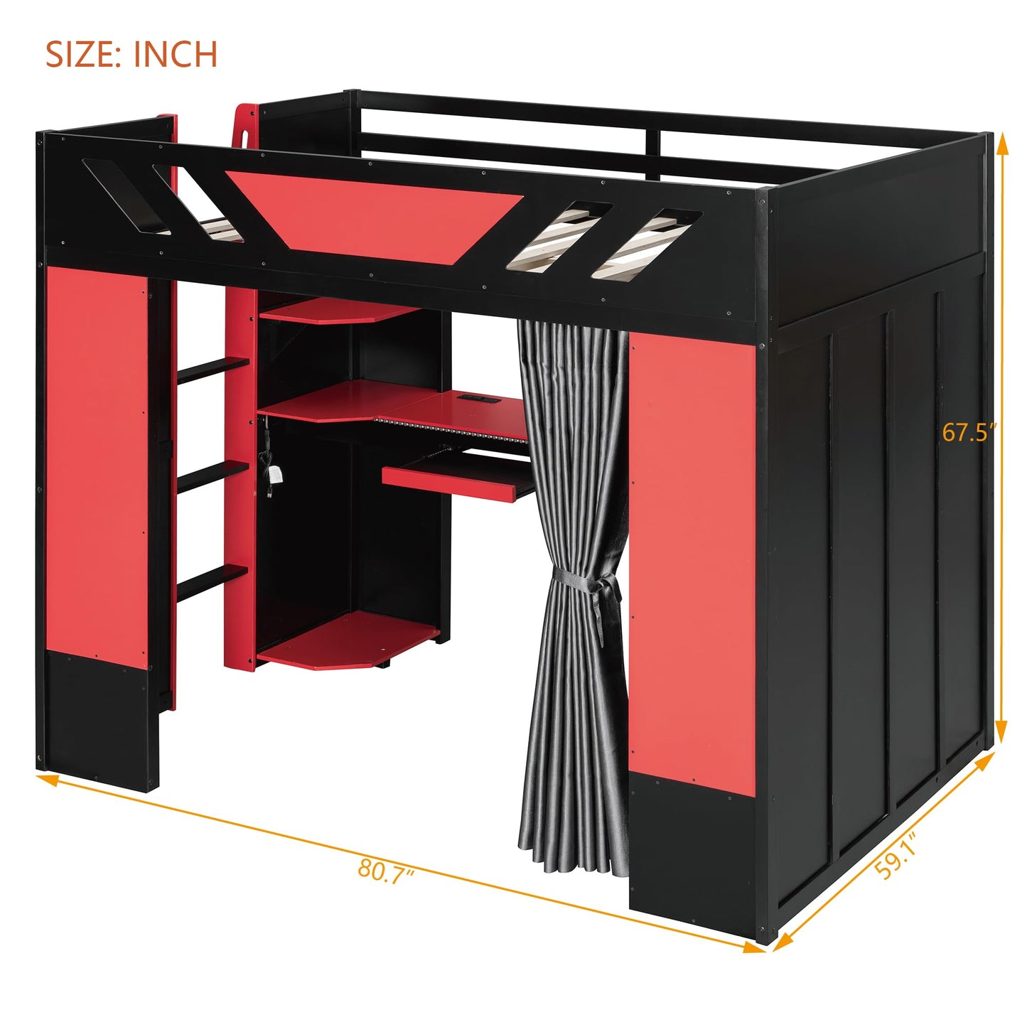 Merax Full Size Loft Bed with Desk and Storage Shelves, Gaming Loft Bed Frame with USB Charging Station and Curtains, Space Saving Loft Bed for Teens Bedroom, Black + Red