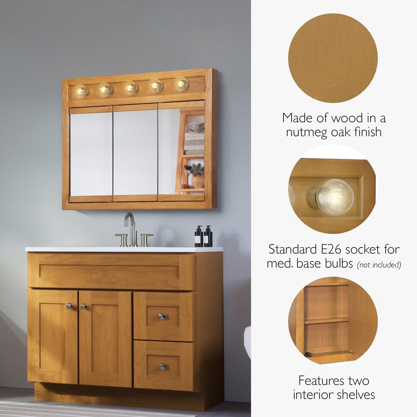 Design House Richland Medicine Cabinet with 5 Lights, Fully Assembled, Wall Mounted, 3 Mirrored Doors, Wood Frame, Oak Finish, 36 in x 5 in x 30 in, 530618-NOK