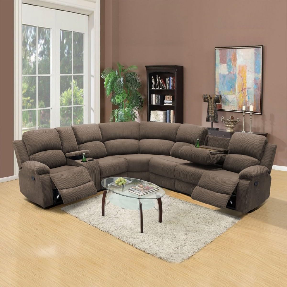 UOCFYK Reclining Sectional Sofa Set, L Shaped Recliner Couch with Cup Holder and Storage Console for Home Theater & Living Room, Camel
