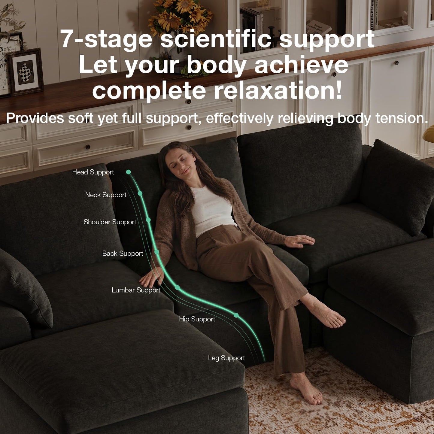 Novilla 104.3" Modular Cloud Couch, Modern Sectional Sofa with Smarts Coil® Support, Chenille Fabric, Upholstered Couch for Living Room Apartments Bedroom, No Assembly, 3 Seater + 2 Ottoman, Dark Grey