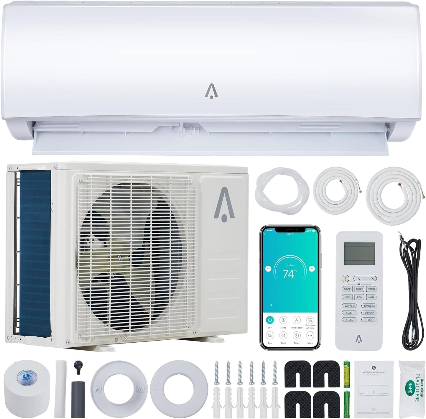 11500 BTU WiFi Enabled Mini Split Air Conditioner & Heater, 208/230V Heat Pump with Pre-Charged Condenser, 17 SEER2 Inverter Ductless Wall Unit & Installation Kit for Home Use