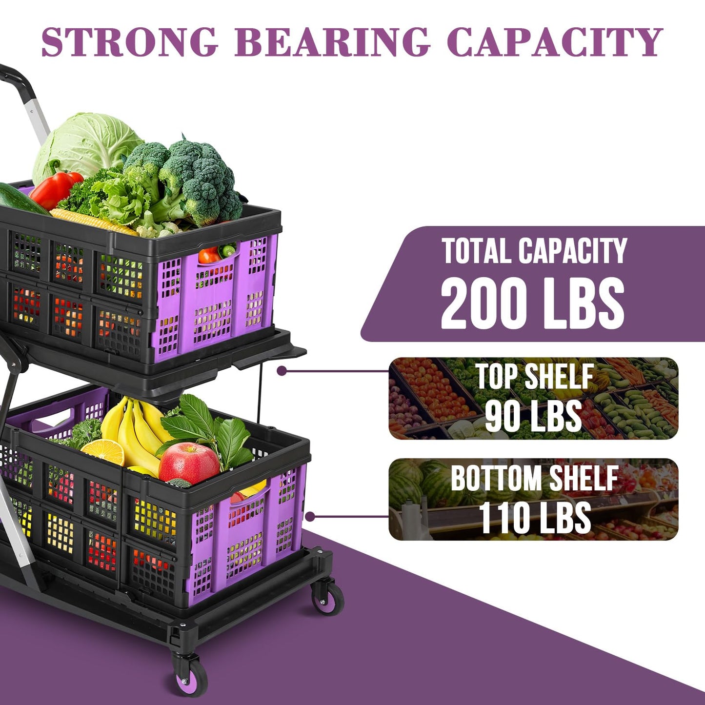 Collapsible Shopping Cart on Wheels, Folding Shopping Cart with 360° Swivel Wheels, Multi Use Utility Cart Adjustable Portable Trolley with 2 Storage Crate, Used for Picnic, Supermarket, Purple