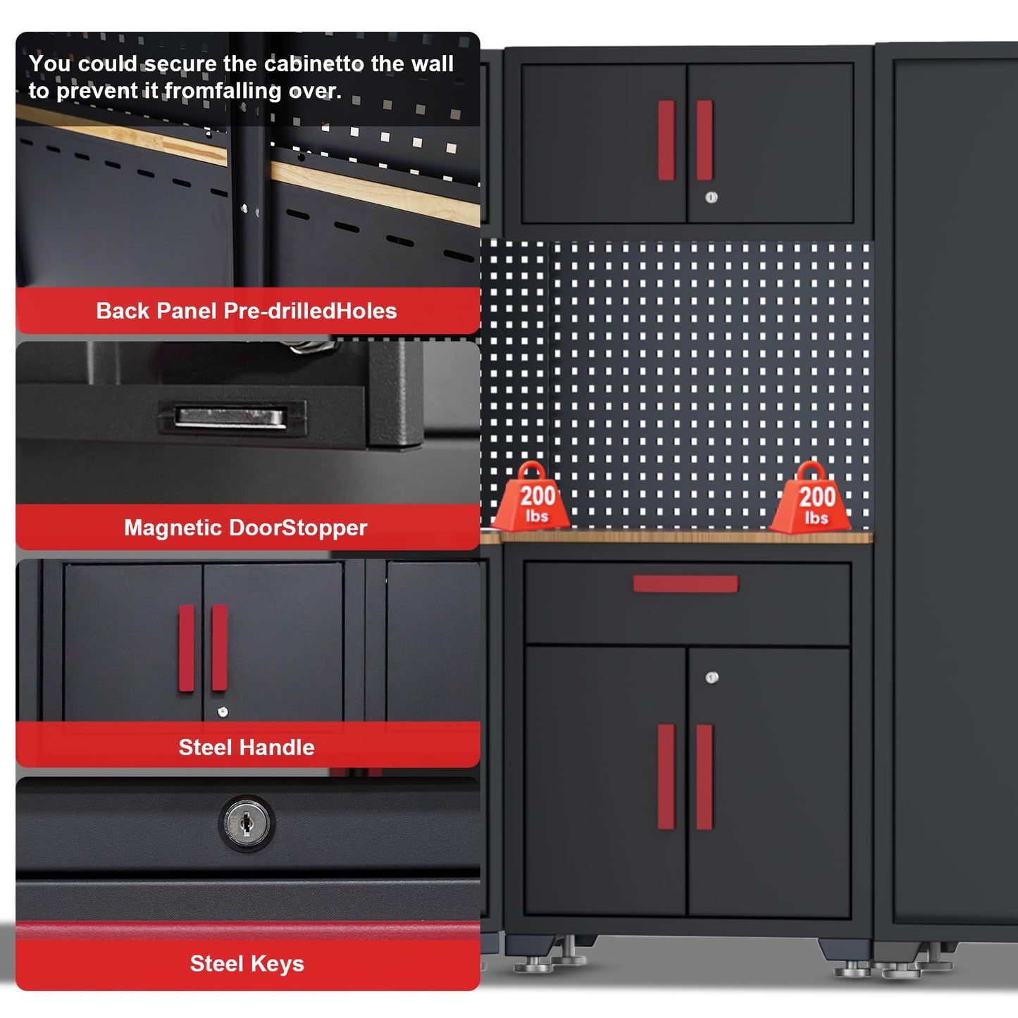 Tsnritor Garage Cabinets Storage System, 6Pack Workshop Set with Steel Cabinet Drawers, Rolling Chest, Workbench, Pegboard for Tool Organization,Red