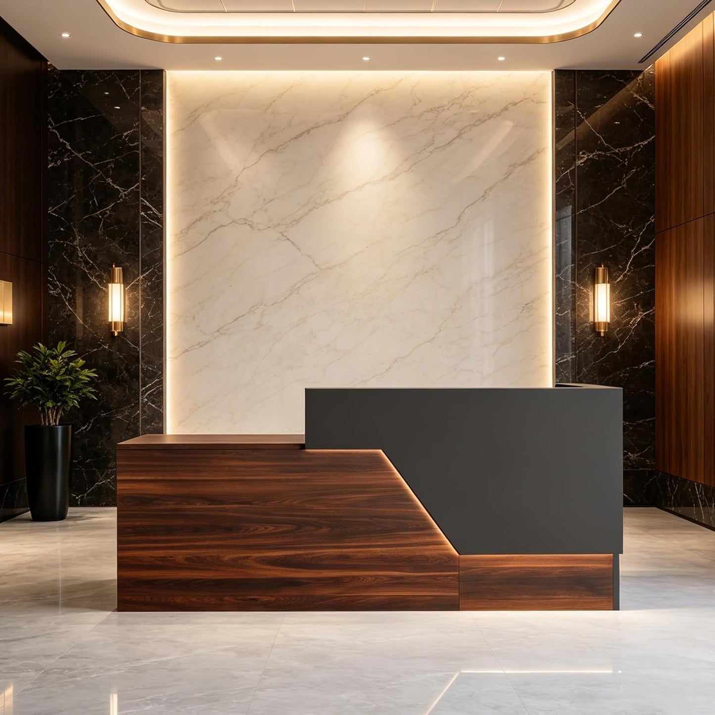 L-Shaped Reception Desk with Counter & Wireless Charging, 1-Inch Thick Board, Lockable Drawers & Keyboard Tray, Heavy-Duty Front Desk for Office, Salon, Hotel & Clinic, Black & Walnut, 71 Inch