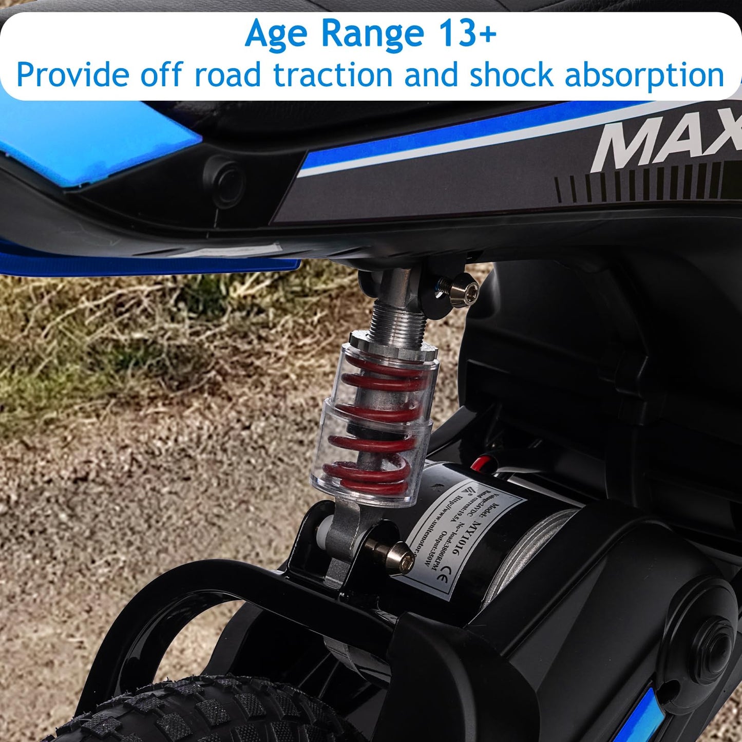Garvee 24V 350W Kids Electric Dirt Bike - 3 Speed Modes, Up to 14.29 MPH, Rear-Wheel Drive, Shock-Absorbing Suspension, Off-Road Ride-On Motorcycle Toy for Boys & Girls Ages 5-17 - Blue 7