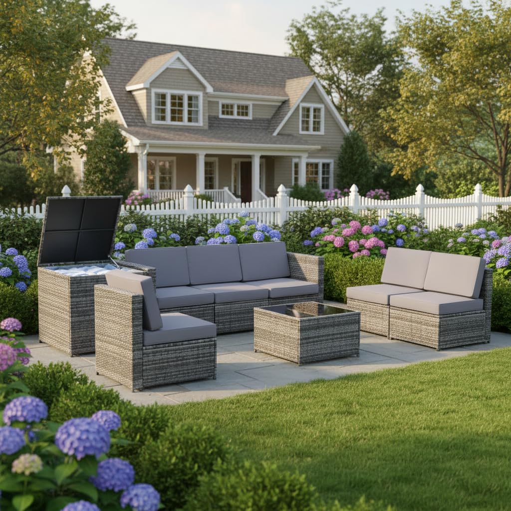 Tangkula 8 PCS Outdoor Patio Furniture Set, Rattan Wicker Sofa Set, Sectional Sofa Couch Conversation Set w/Storage Table and 12 Zippered Cushions for Garden Backyard Poolside (Grey)