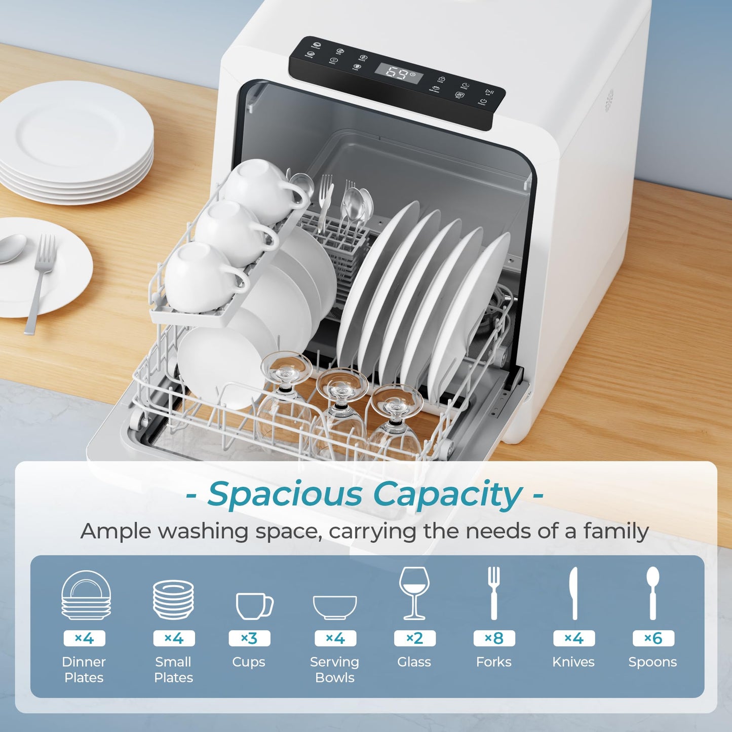 EUHOMY Countertop Dishwasher, 8 Programs Portable Dishwasher with 5L Built-in Water Tank and Inlet hose, No Hookup Needed, Mini Dishwasher with Self Clean/Baby Care/Air Dry, for Apartments, RVs, White