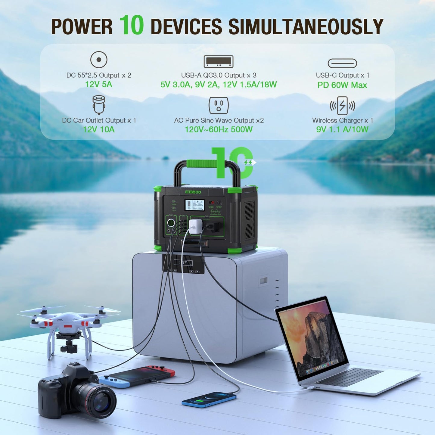 Portable Power Station 500W, 519.48Wh Solar Generator with 2x AC Outlets, 60W USB-C PD Fast Charging, 10-Port with Wireless Charger, Pure Sine Wave, Camping RV Travel Emergency Home Backup