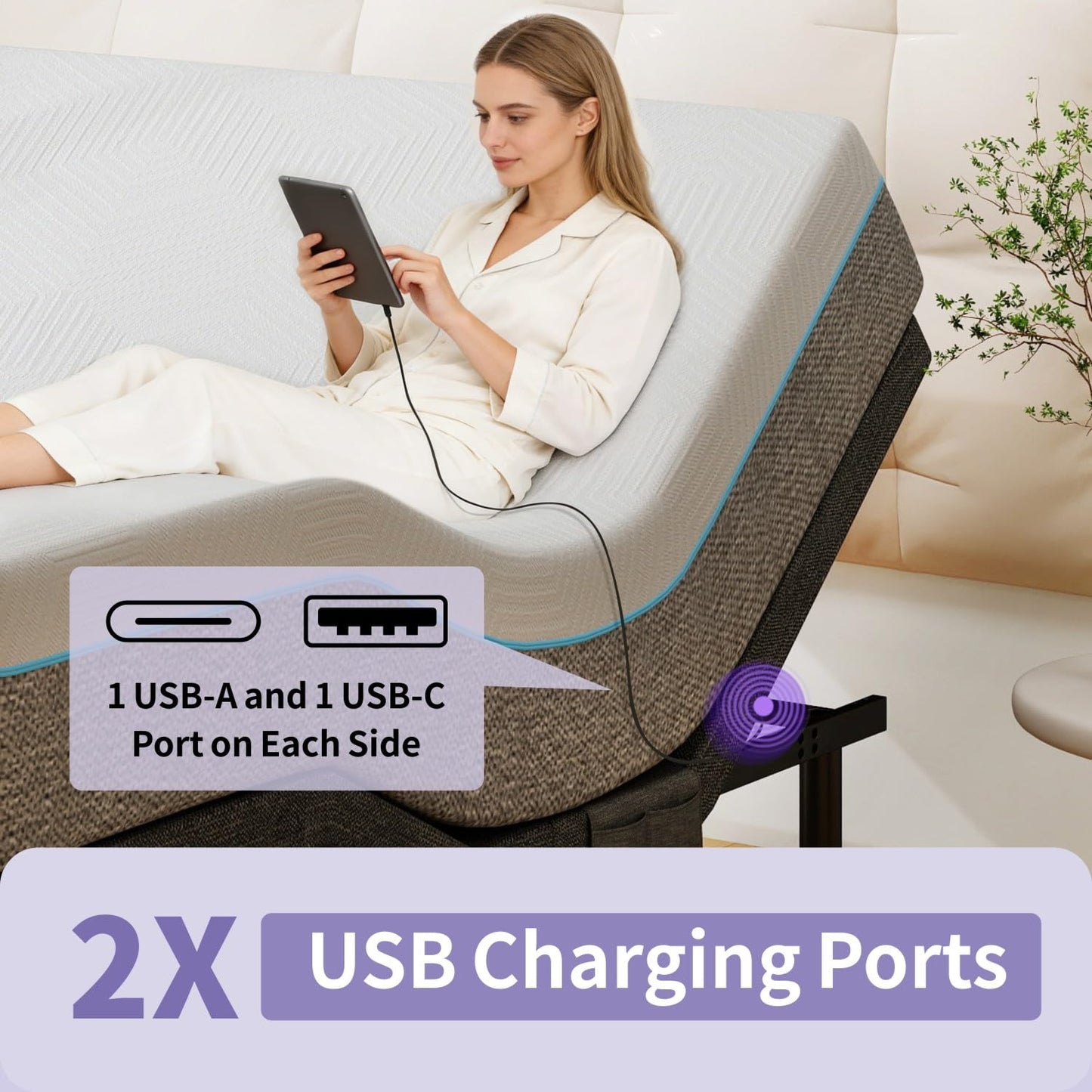 Vipbear Adjustable Bed with Mattress Queen Electric Bed Frame with Head and Foot Incline, Under Bed Light, Adjustable Legs, Zero Gravity Mode, 4 USB Ports, Wireless Remote