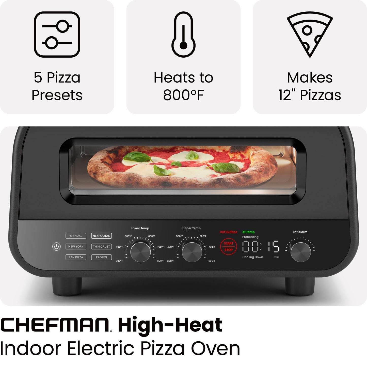 CHEFMAN Indoor Pizza Oven - Makes 12 Inch Pizzas in Minutes, Heats up to 800°F - Countertop Electric Maker with 5 Touchscreen Presets, Pizza Stone and Peel Included - Stainless Black