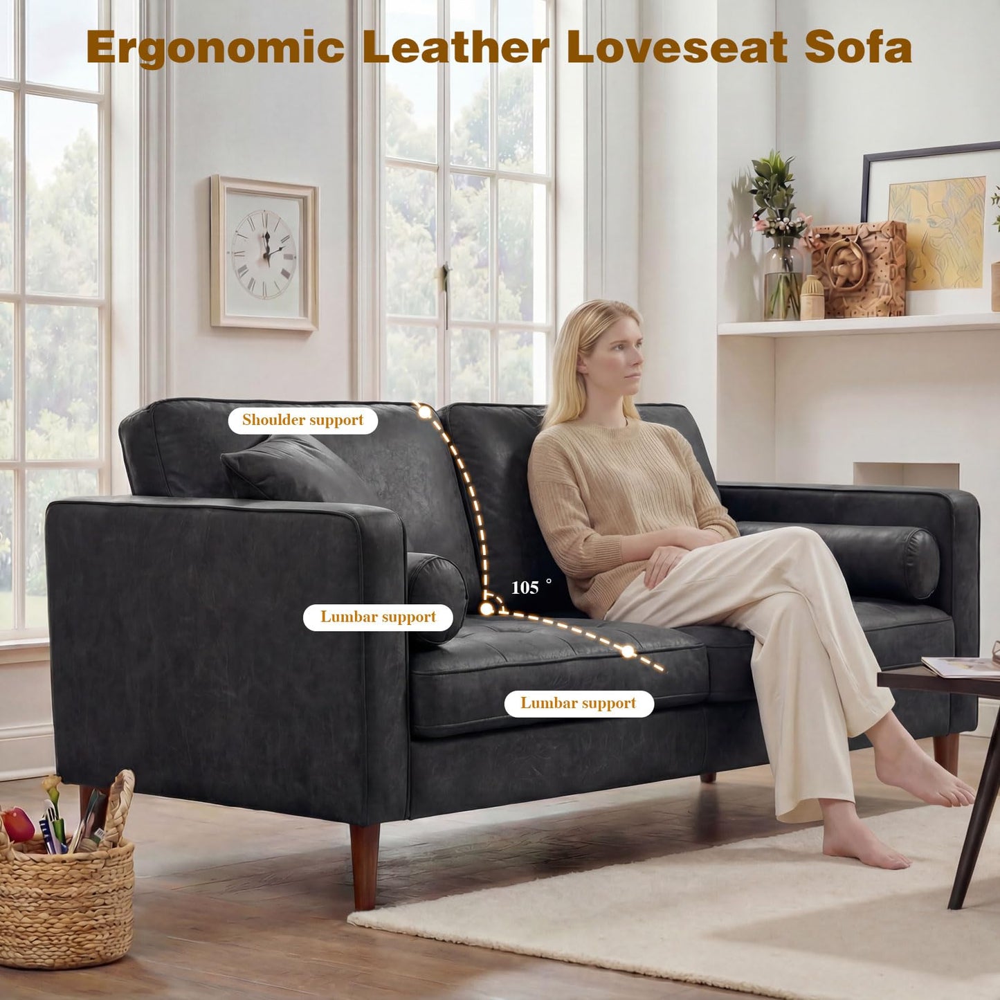 Meeyar 70" Mid-Century Modern Sofa Couch – Faux Leather Loveseat Sofa with Deep Seat & Solid Wood Frame – Includes 2 Accent Pillows – Black Living Room Bedroom Office (Black, 70 inches)