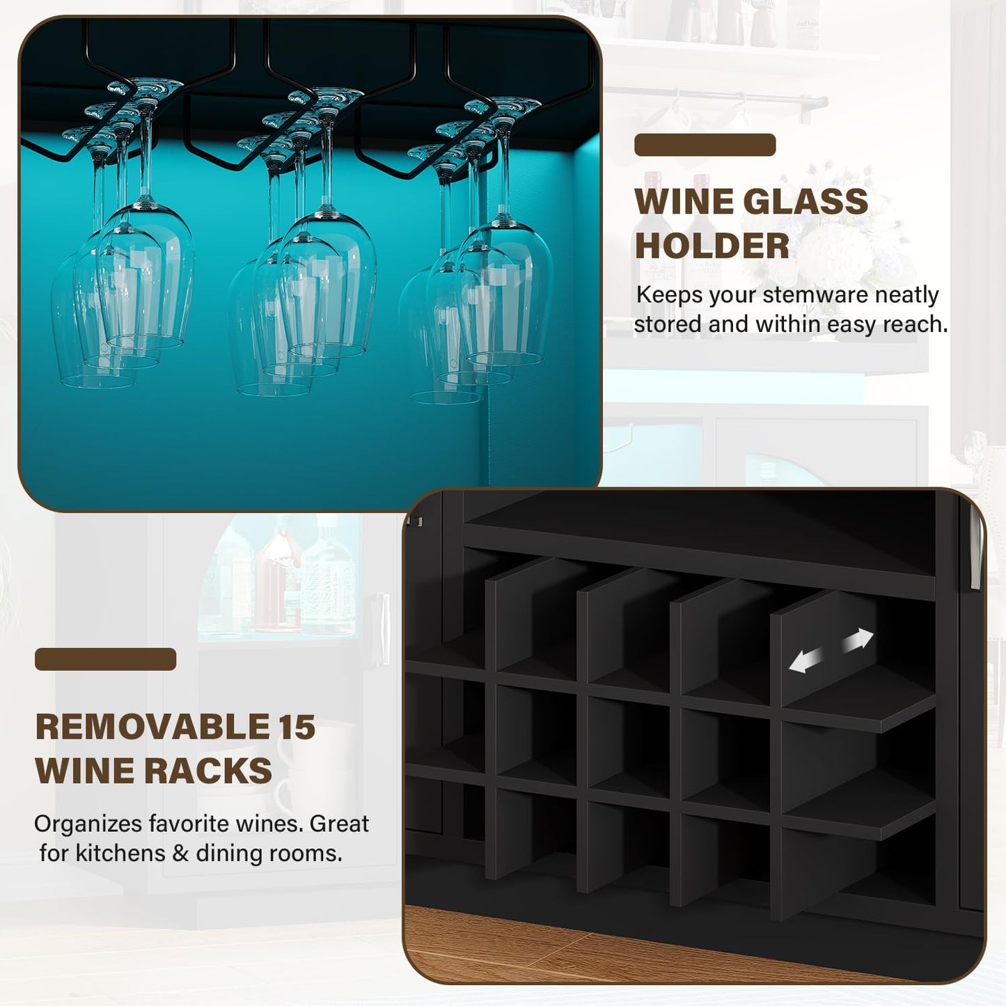 Wine Bar Cabinet with Power Outlet & LED Light, 54'' Liquor Cabinet with 15 Wine Rack & Glass Holder, Coffee Bar Cabinet for Home with Storage, 2 Arched Door, Buffet Sideboard for Living Room, Kitchen