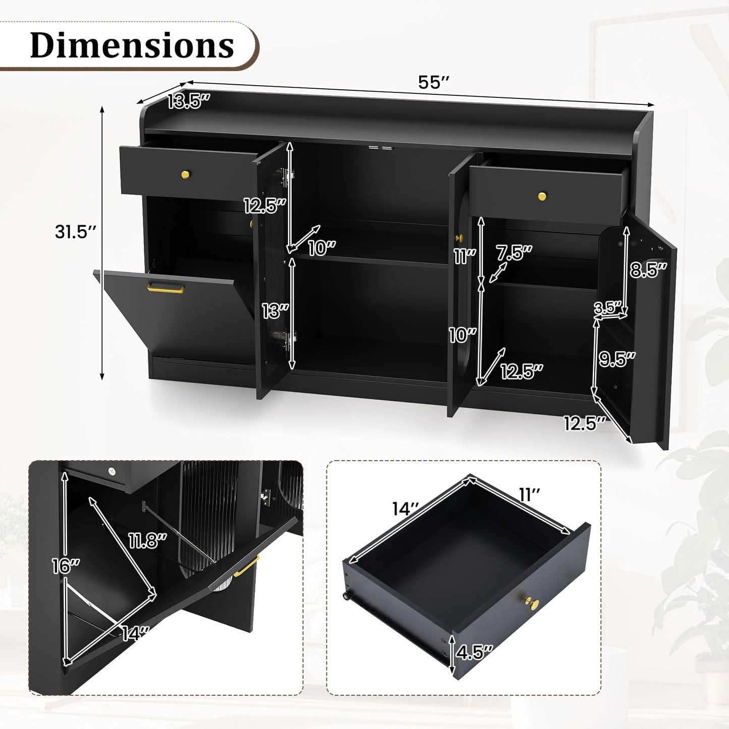 Giantex 55" Farmhouse Buffet Cabinet, Large Credenza w/Hidden Tilt Out Trash Can, 2 Glass Doors, 2 Drawers & Adjustable Shelves, Modern Sideboard Coffee Bar Cabinet for Kitchen, Dining Room (Black)