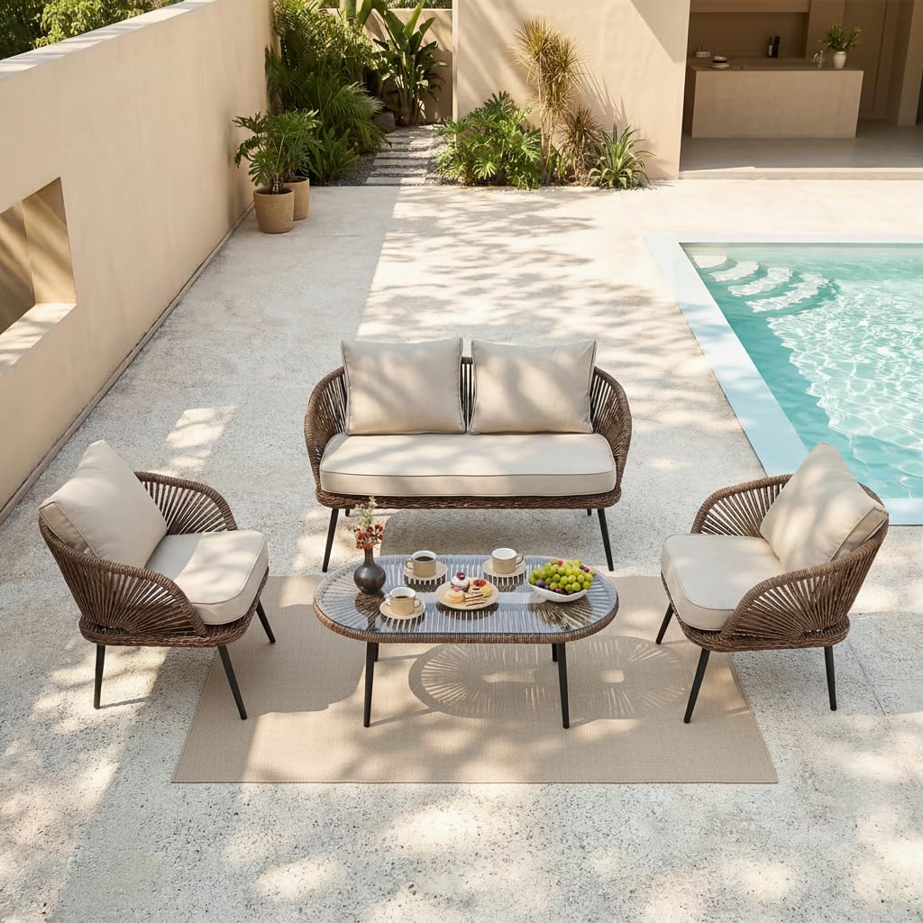 Tribesigns 4-Piece Outdoor Patio Furniture Set with Removable Waterproof Cushions, All-Weather Rattan Wicker Conversation Furniture Set with Glass Coffee Table for Garden, Pool, Porch, Balcony (Brown)