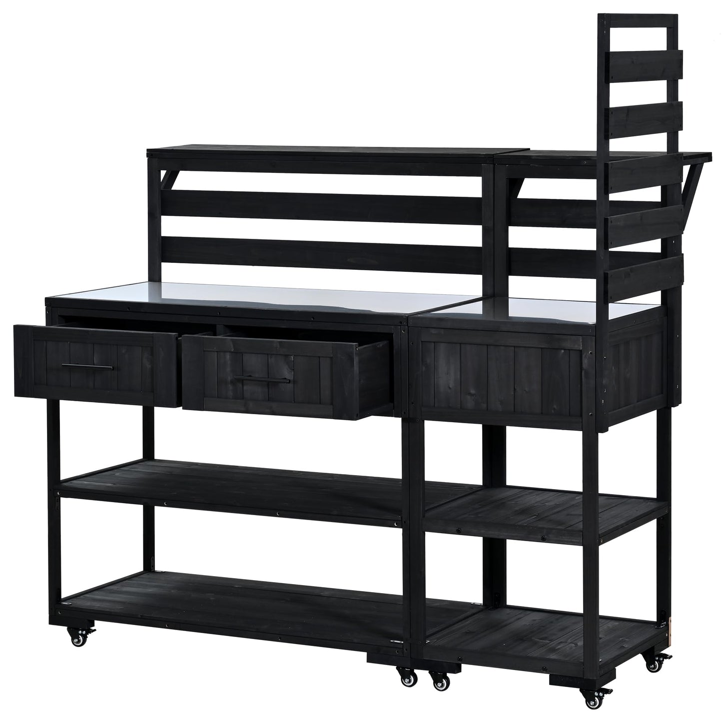 GDFStudio Elshire Patio Kitchen Island Cart with Storage, Wooden Outdoor Storage Cabinet with Stainless Steel BBQ Prep Table Top, Drawers, Raised Shelf and Lockable Wheels, Garden Potting Bench, Black