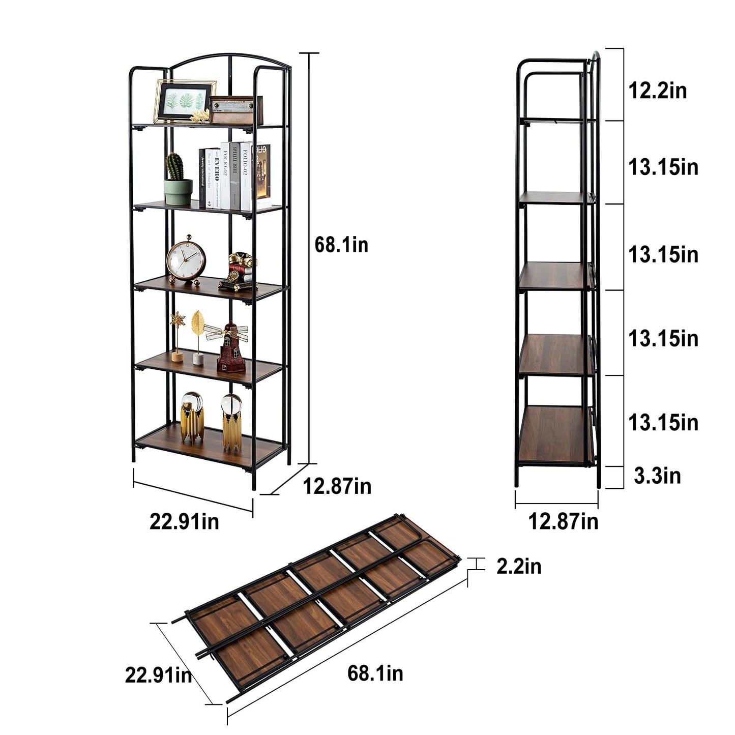 Crofy 5-Tier Foldable Bookshelf, Black Frame & Walnut Shelves