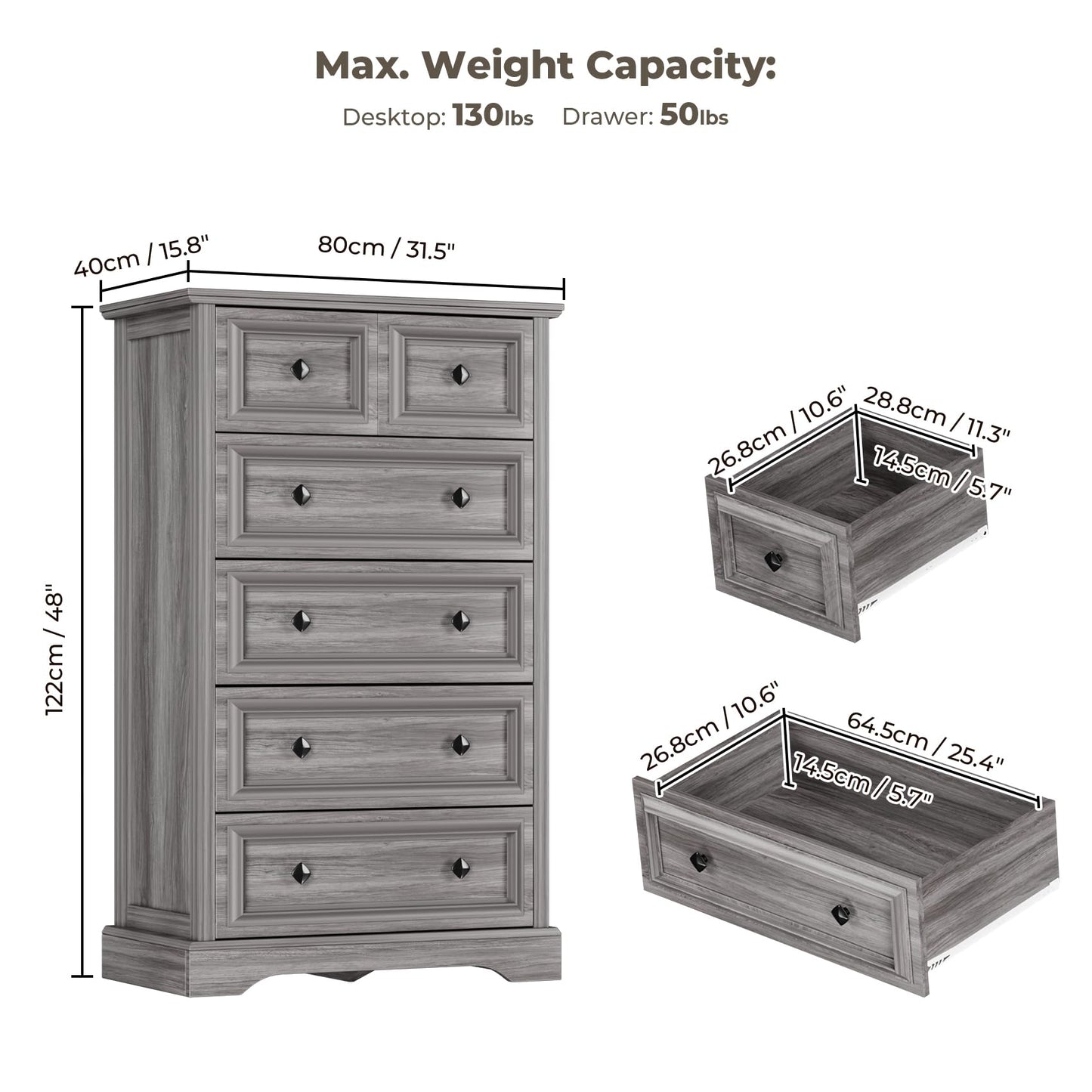 VVFLU Grey Dresser, 48" Tall Dresser with Natural Texture & Metal Handles, 6 Drawer Chest of Drawers for Bedroom, Living Room, Hallway, Vintage Design