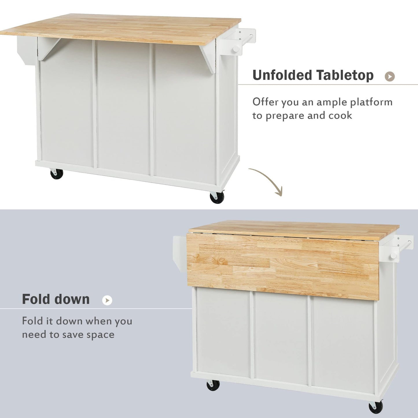 Merax Rolling Mobile Kitchen Island Cart Breakfast Bar with Wood Top, Door Internal Storage Racks, 3 Drawers and 5 Wheels for Dining Room