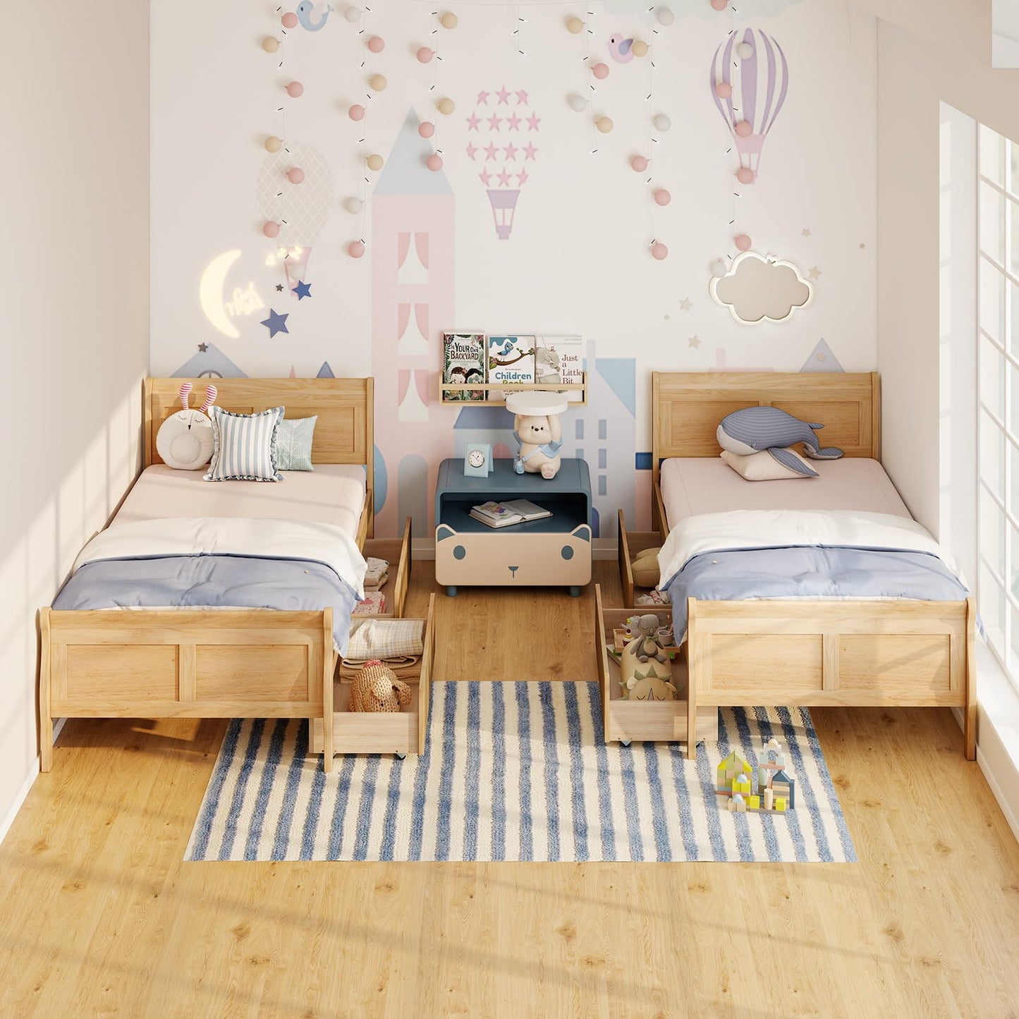KOMFOTT Twin Size Bed Frame with 2 Storage Drawers, Wood Platform Bed with Headboard & Footboard, Twin Storage Bed with Wooden Slats Support for Kids, Teens, Adults, No Box Spring Needed, Natural