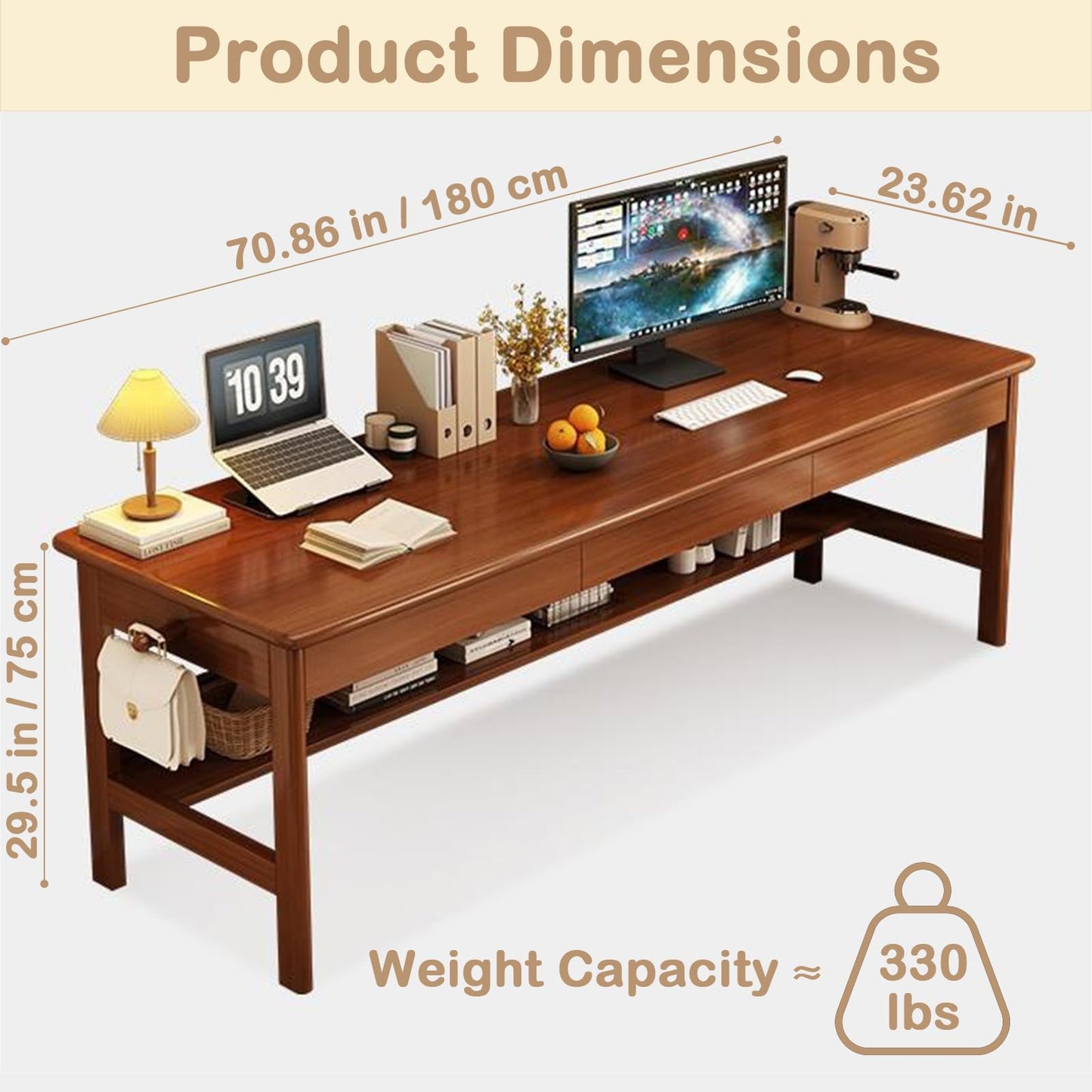 Ytaoka 70.86" Long Solid Wood Desk with 3 Drawers Home Office Computer Desk Mid Century Modern Large Study Writing Desk Simple Real Wood Desk Study Table Workstation, Walnut