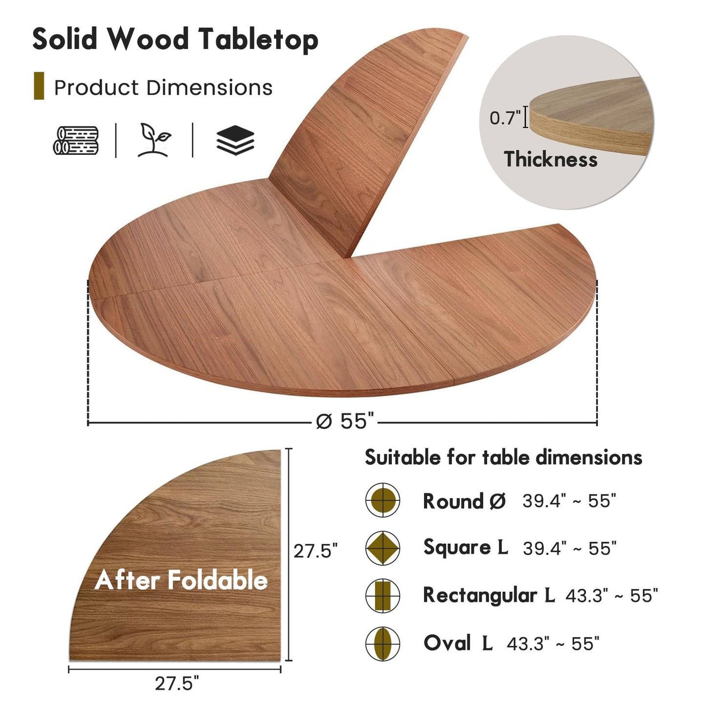 Round Folding Table Top Extender 48/55/59/63/71/79" Solid Wood Table Extension For Dining Table Extender Top Fold Wooden Tabletop for Kitchen Restaurant Workbench Outdoor(Walnut, D - 55")