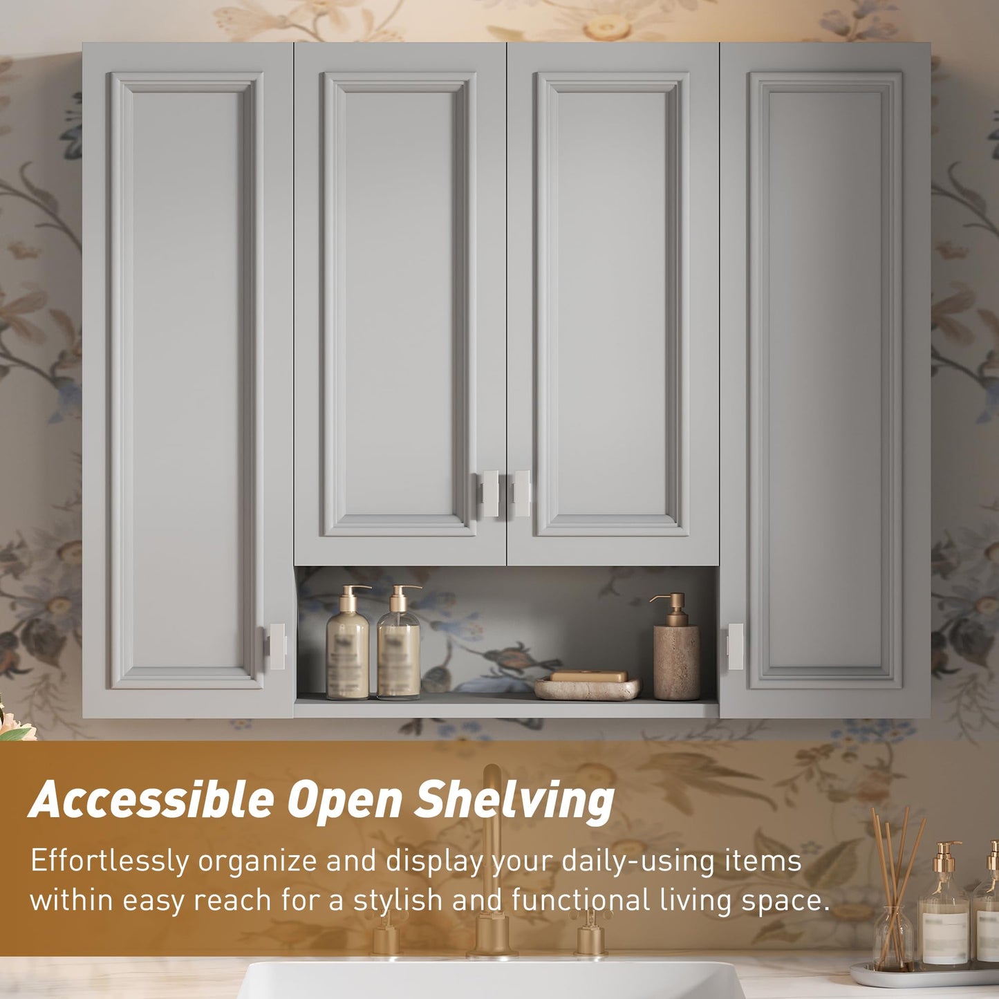 Marzzi 36" x 28" Bathroom Medicine Cabinet with Open Shelf, Wall Mounted Bathroom Storage Cabinet with Adjustable Shelves, Over The Toilet Wall Cabinet, Painted Finish
