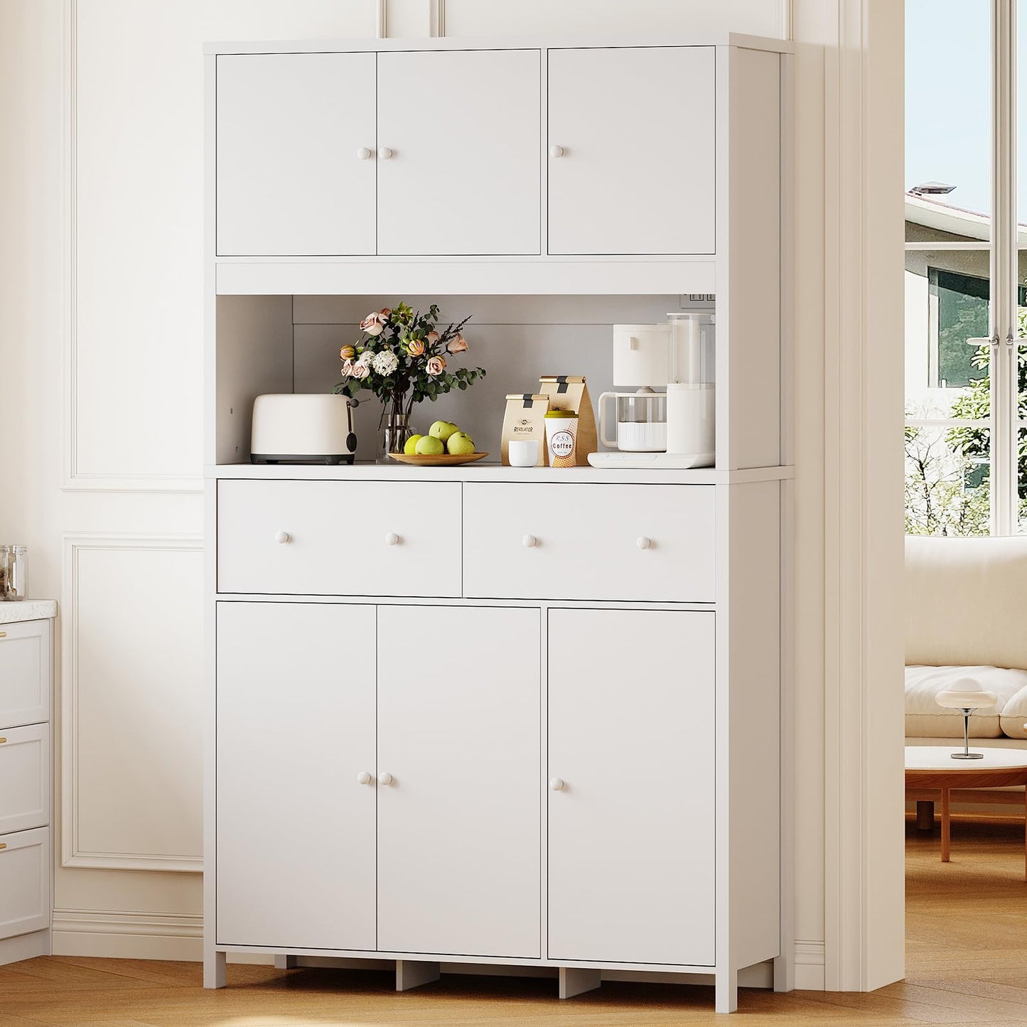 Garvee 71" H Pantry Cabinet with Charging Station, Tall Kitchen Pantry Storage Cabinet with Countertop, Modern Kitchen Hutch with Storage Drawers for Living Room, Dining Room, White