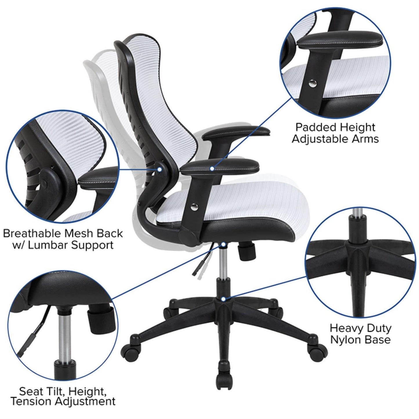 Flash Furniture Kale High Back Designer White Mesh Executive Swivel Ergonomic Office Chair with Adjustable Arms