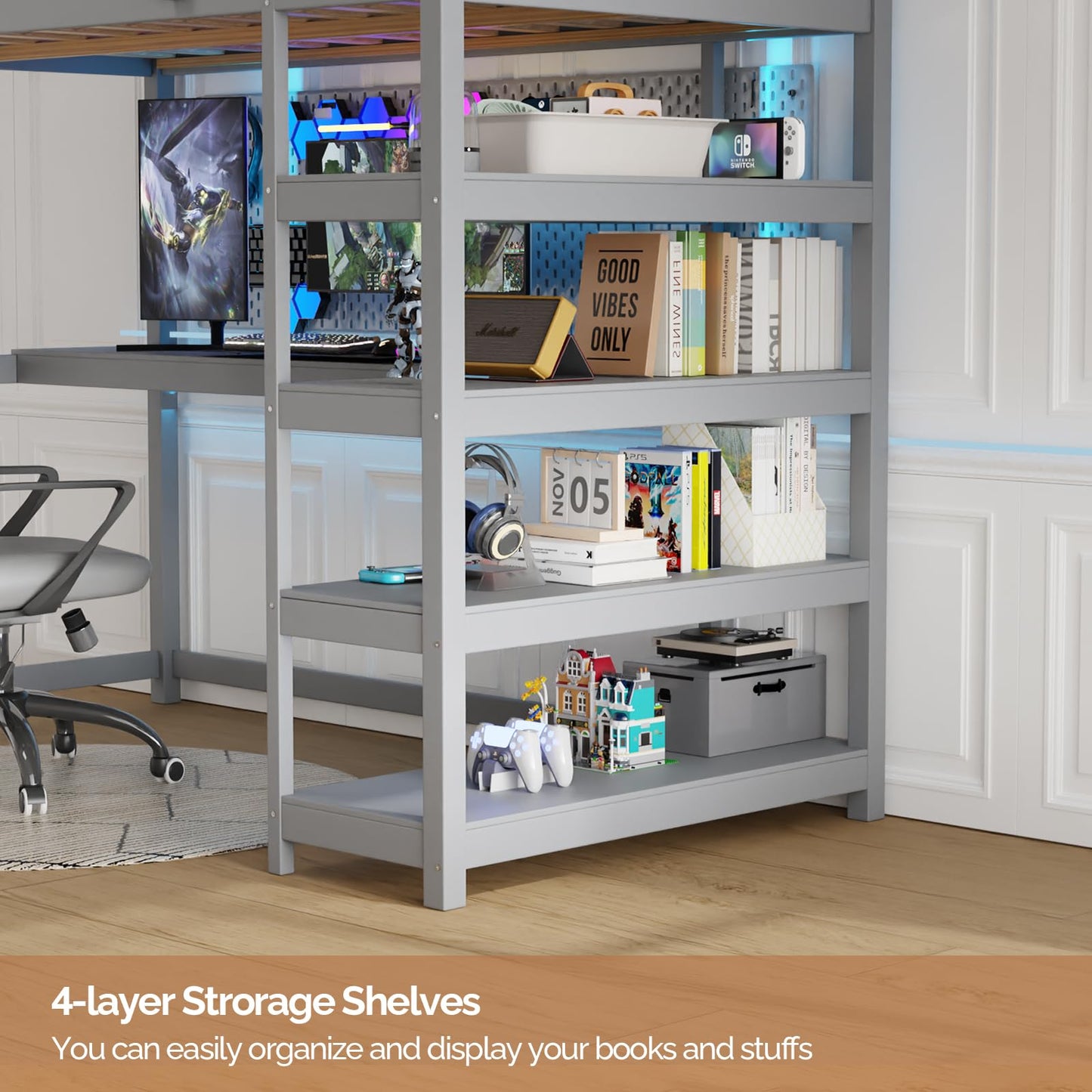 JOYMOR Bunk Bed with Desk and 4-Layer Shelves, Loft Bed Twin Size with Under Desk and Bookcase Storage, Twin Bed Frame for Kids, Adults& Young Teens